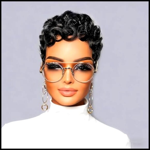 Curly Pixie Cut Human Hair Wig Glueless Layered With Bangs Daily Use